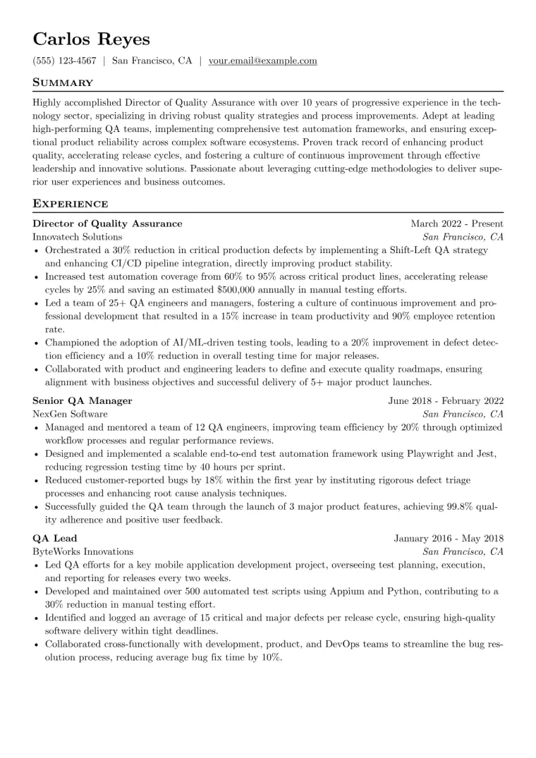 Director of Quality Assurance Resume Example CV template preview
