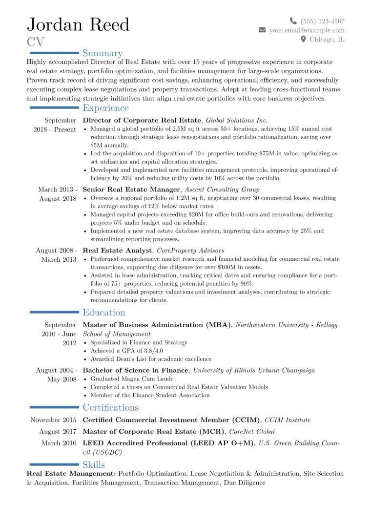Director of Real Estate Resume Example CV template preview