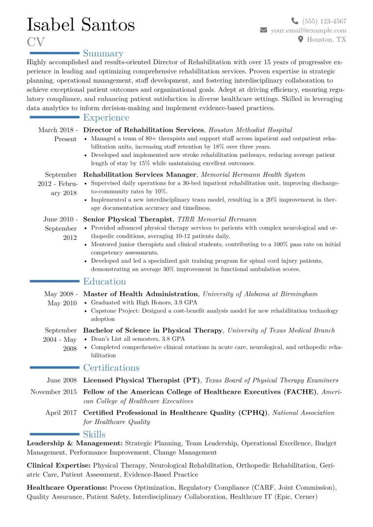 Director of Rehabilitation Resume Example CV template preview