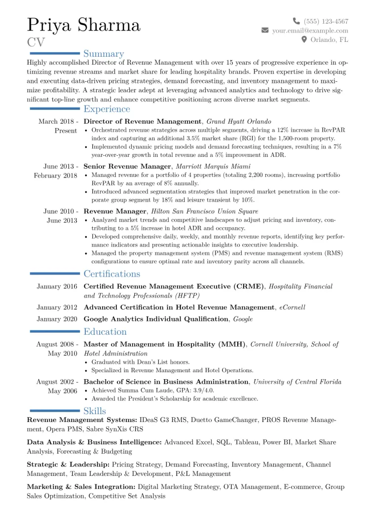Director of Revenue Management Resume Example CV template preview