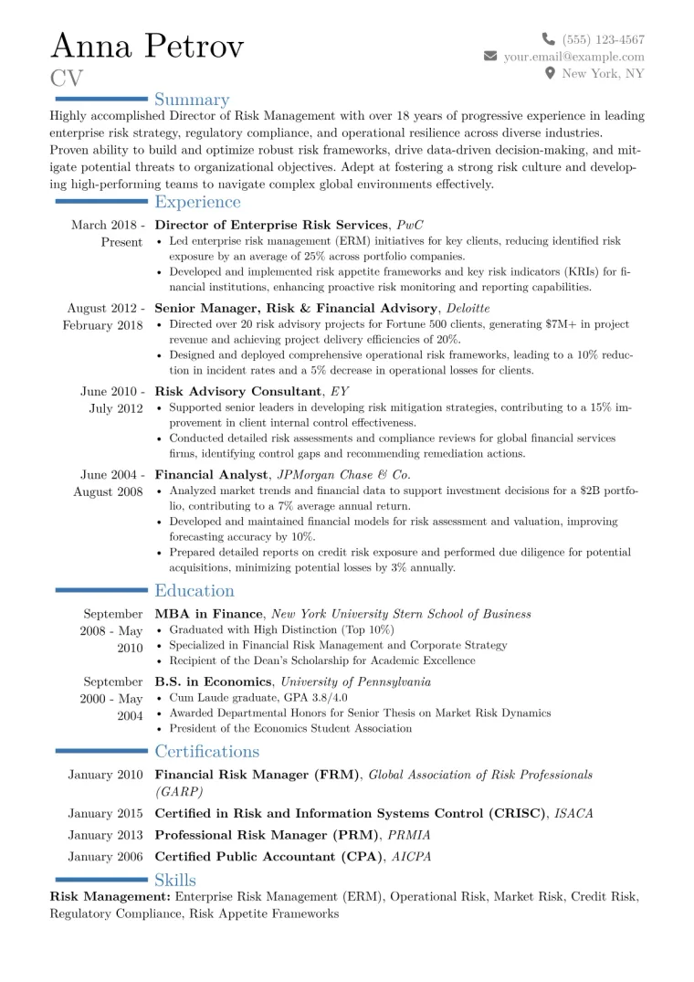 Director of Risk Management Resume Example CV template preview