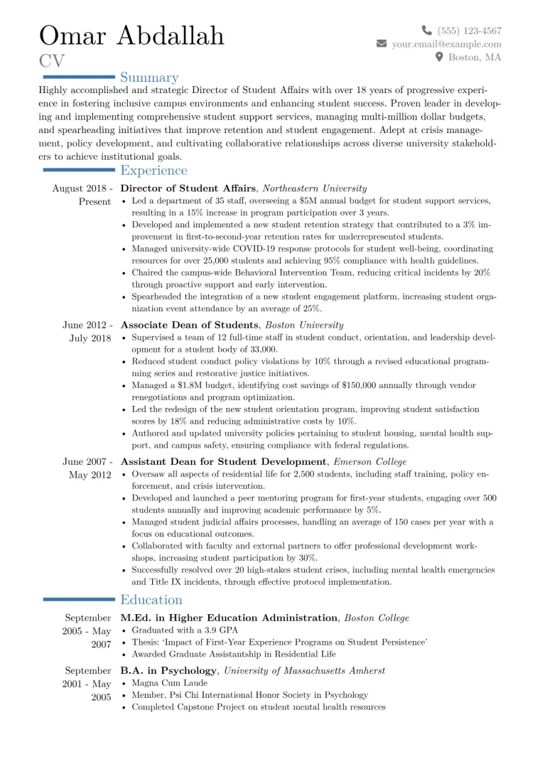 Director of Student Affairs Resume Example CV template preview