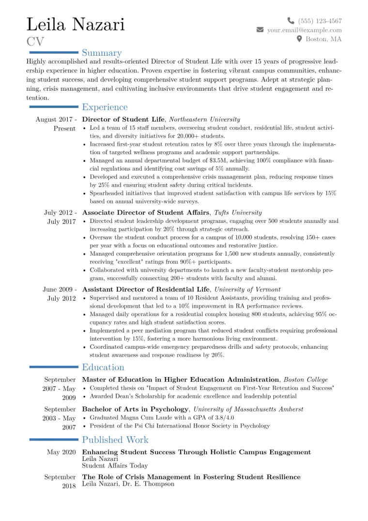 Director of Student Life Resume Example CV template preview