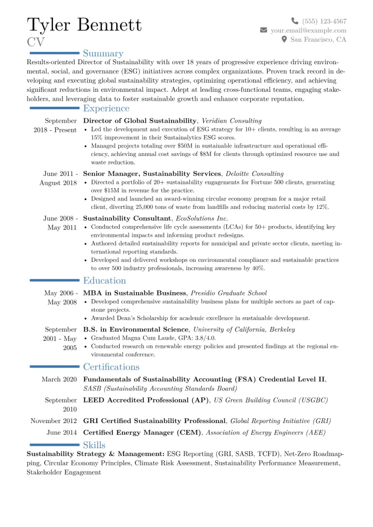 Director of Sustainability Resume Example CV template preview