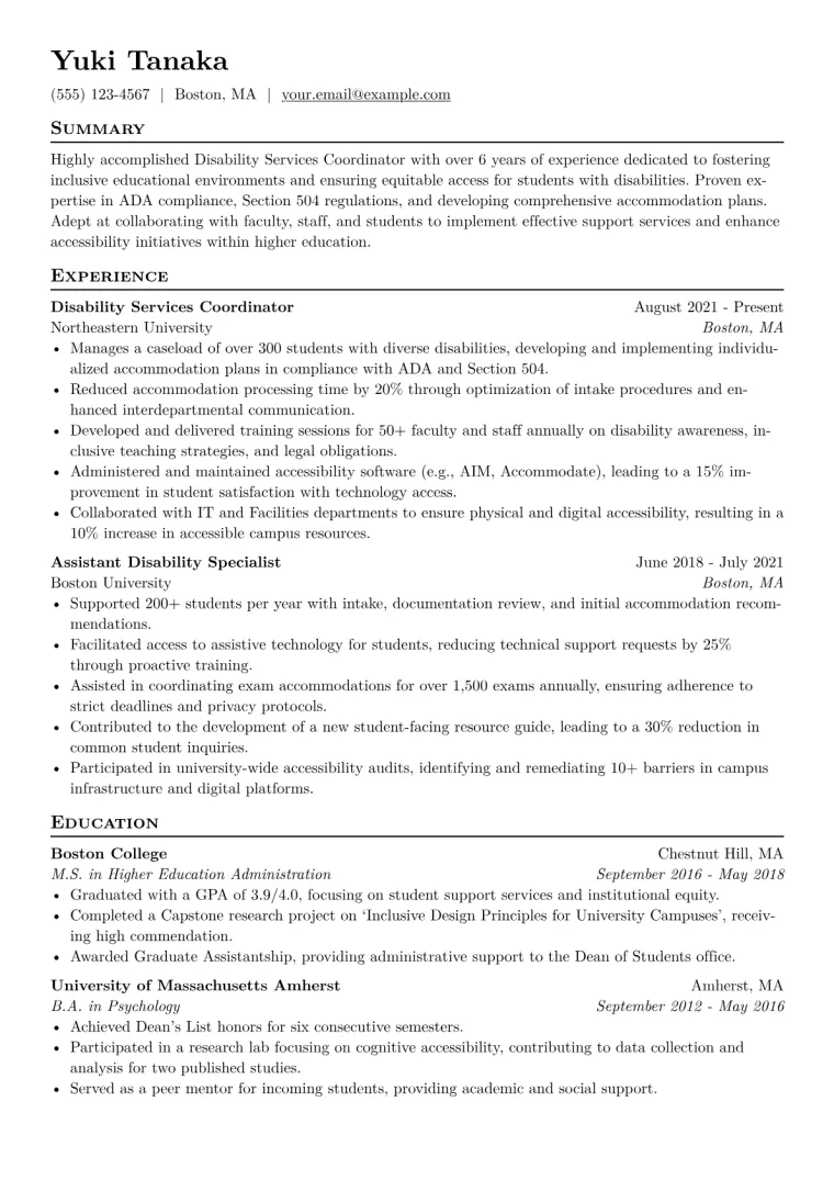 Disability Services Coordinator Resume Example CV template preview