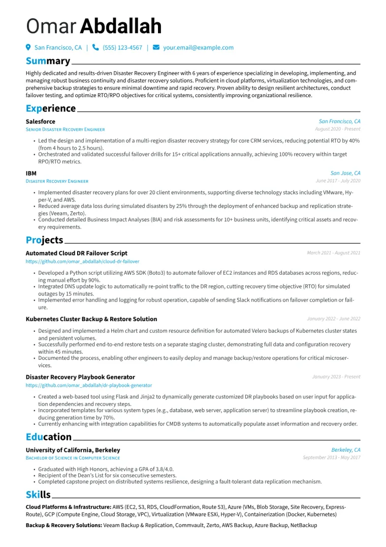 Disaster Recovery Engineer Resume Example CV template preview