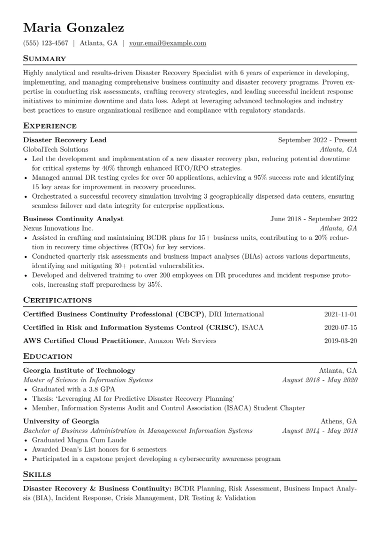 Disaster Recovery Specialist Resume Example CV template preview