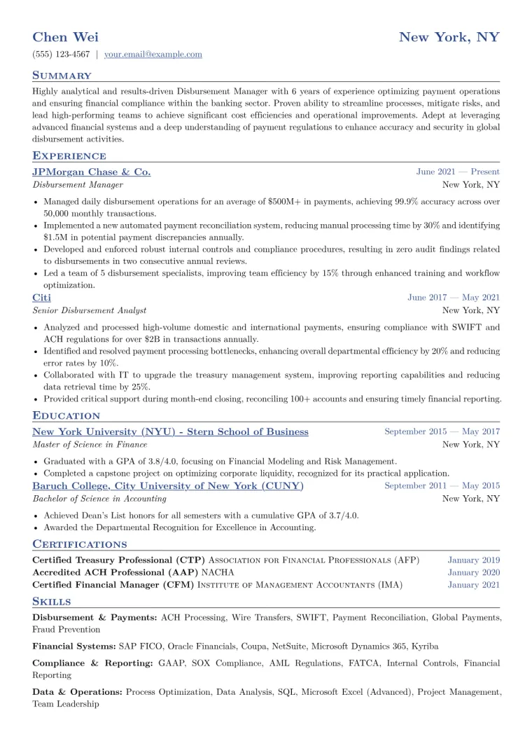Disbursement Manager Resume Example CV template preview