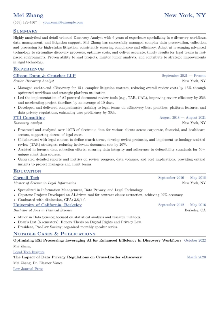 Discovery Analyst Resume Example CV template preview
