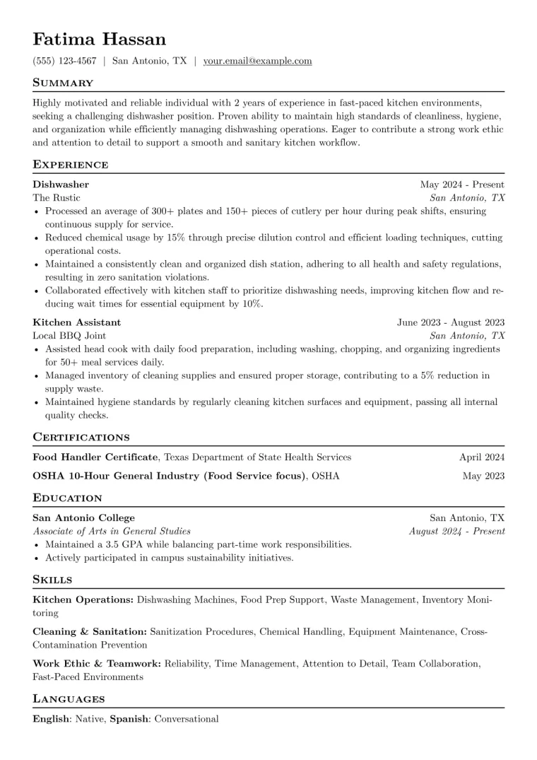 Dishwasher (No Experience) Resume Example CV template preview
