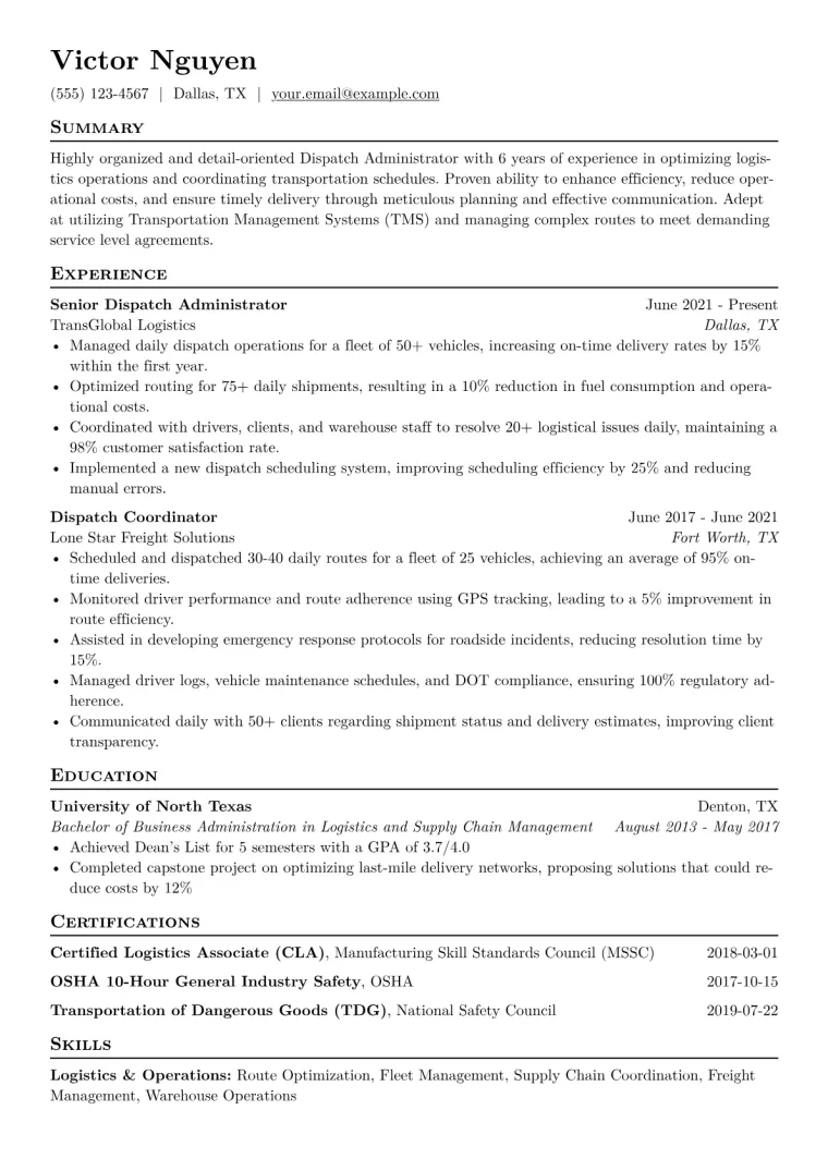 Dispatch Administrator Resume Example CV template preview