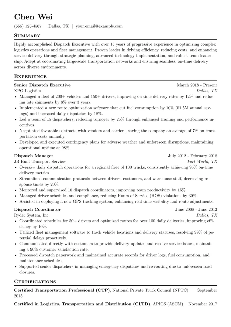 Dispatch Executive Resume Example CV template preview