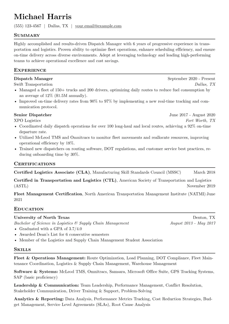 Dispatch Manager Resume Example CV template preview