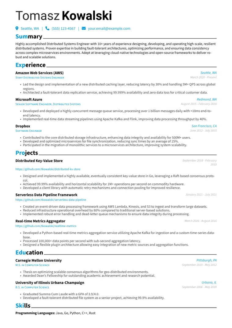 Distributed Systems Engineer Resume Example CV template preview