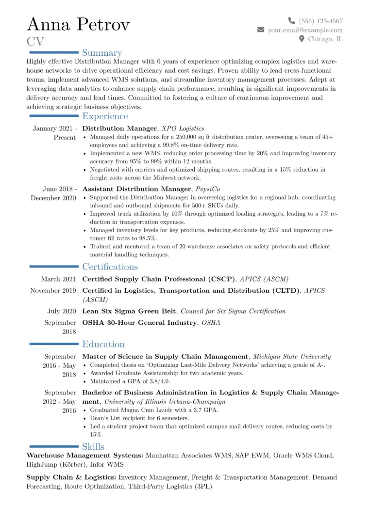 Distribution Manager Resume Example CV template preview