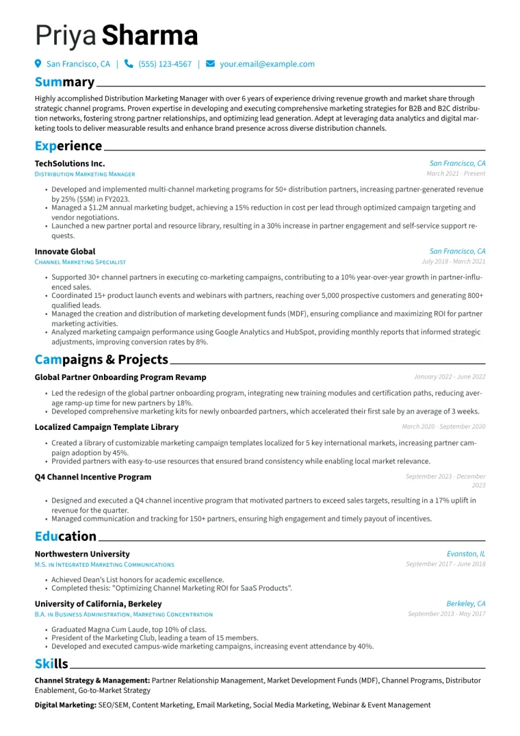 Distribution Marketing Manager Resume Example CV template preview