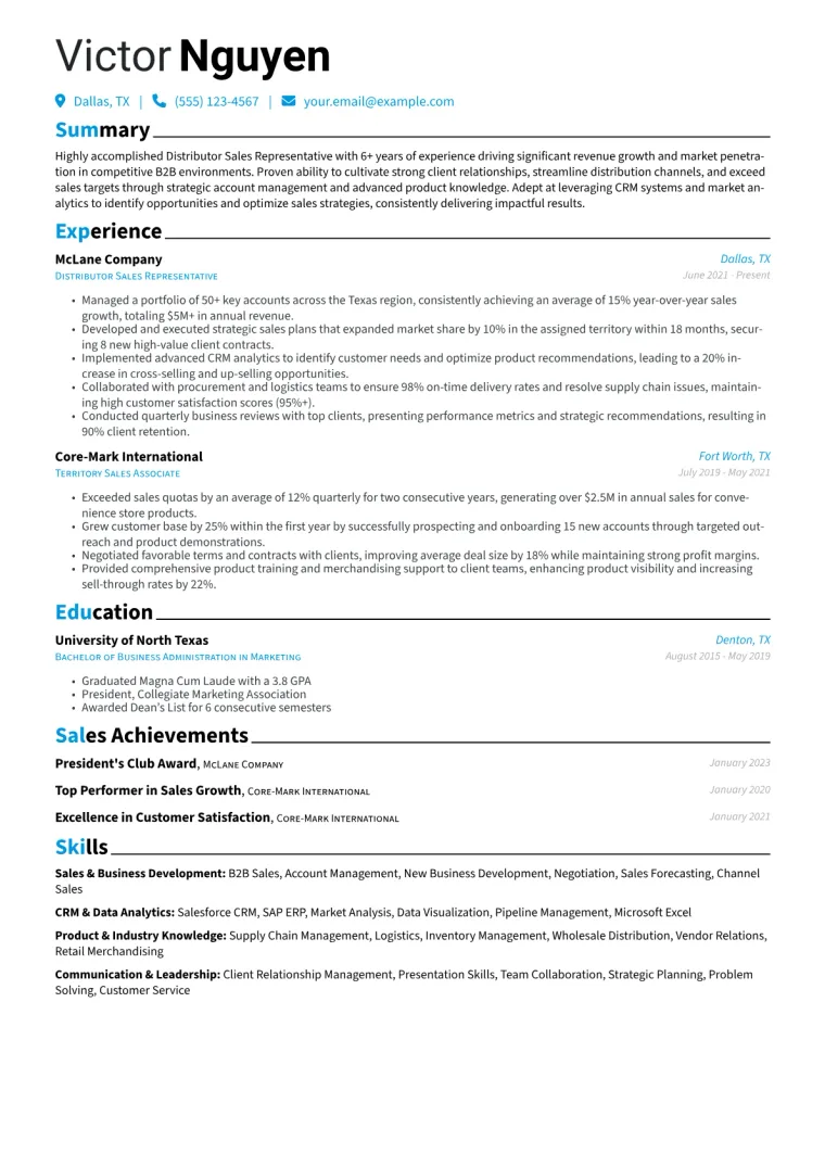 Distributor Sales Representative Resume Example CV template preview