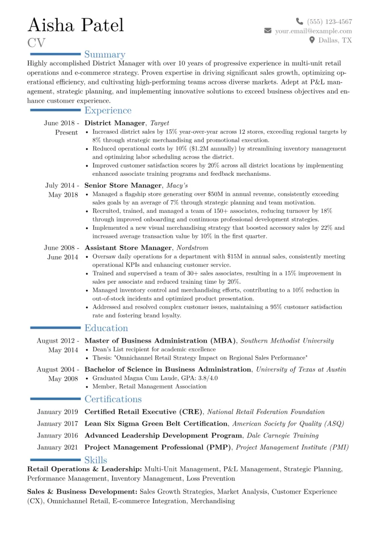 District Manager Resume Example CV template preview