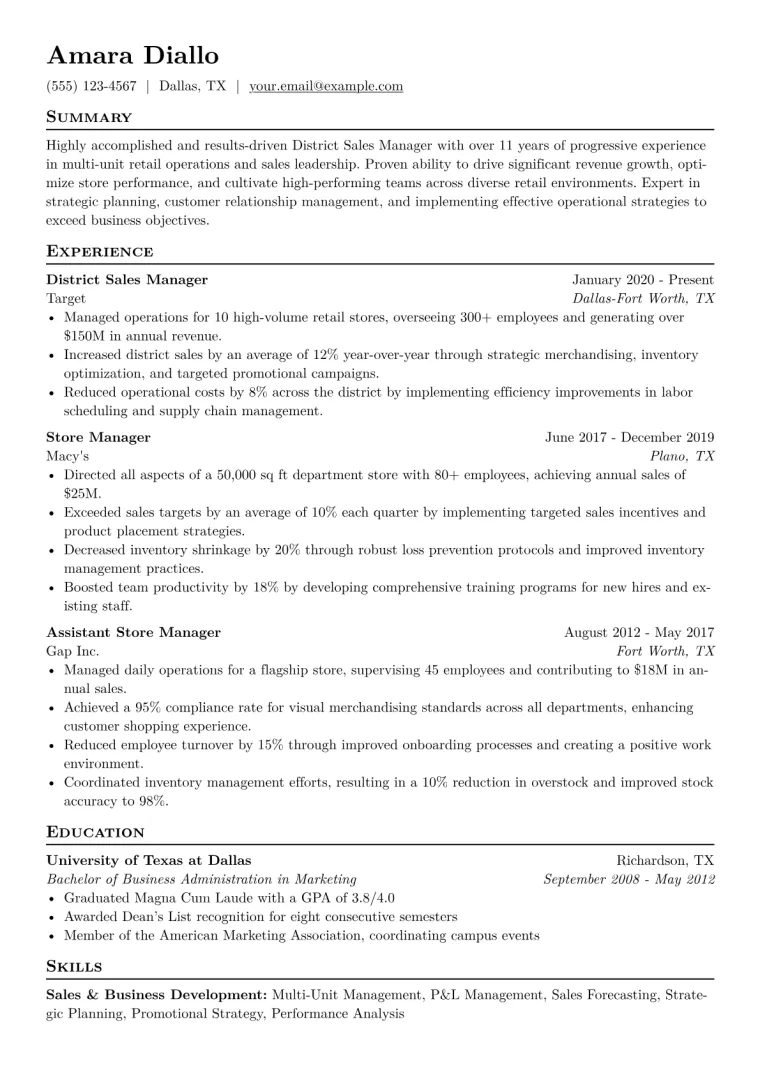 District Sales Manager Retail Resume Example CV template preview