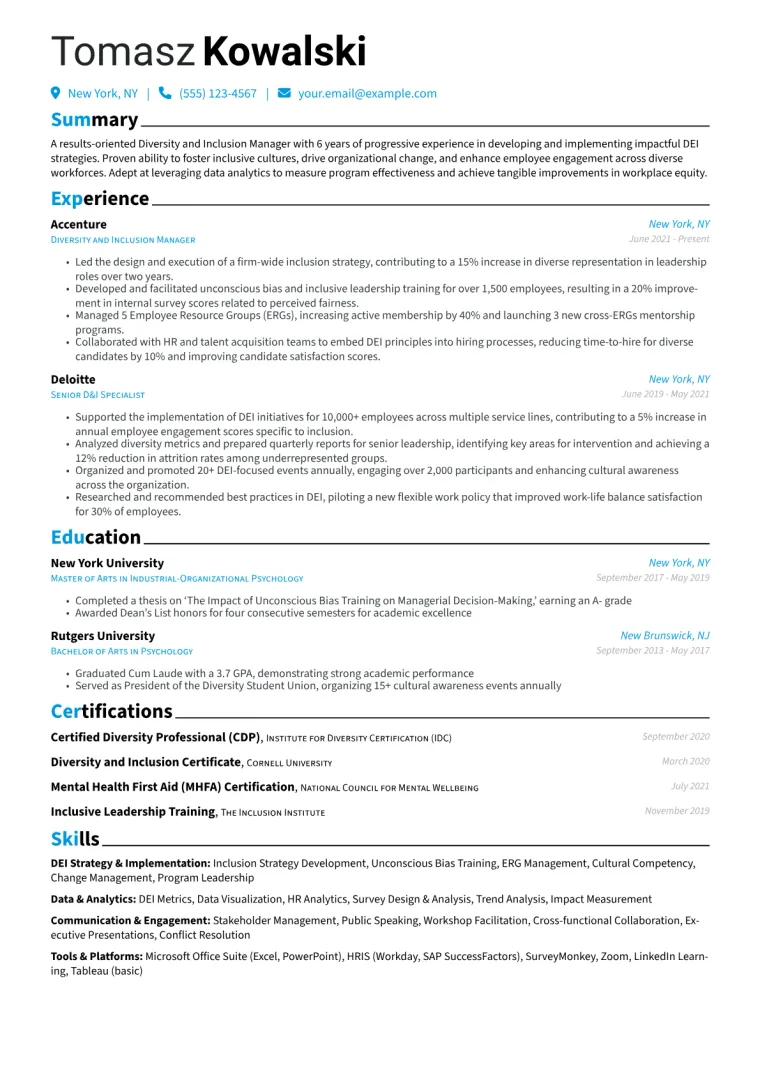 Diversity and Inclusion Manager Resume Example CV template preview