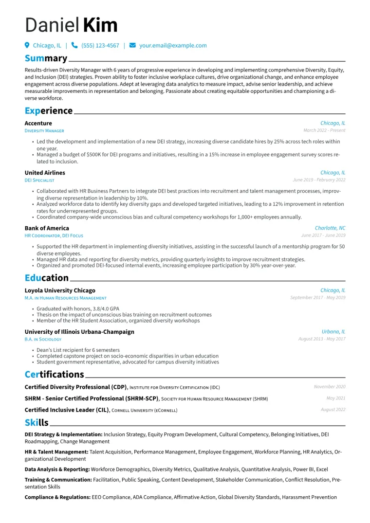 Diversity Manager Resume Example CV template preview