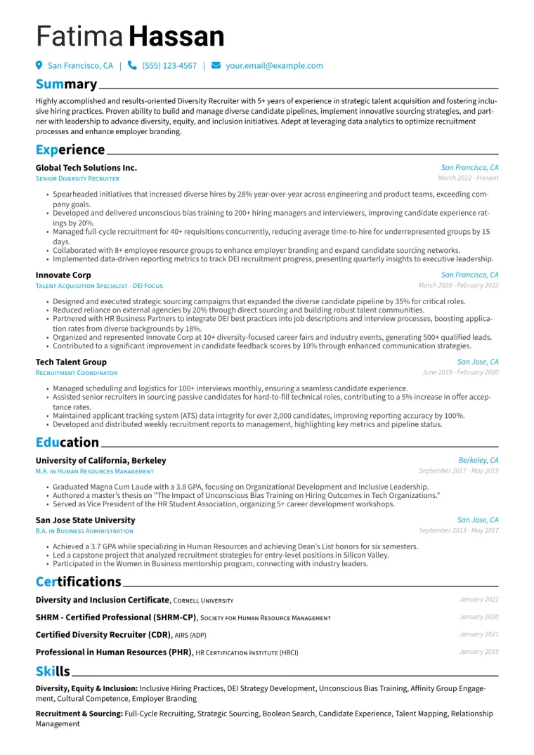 Diversity Recruiter Resume Example CV template preview