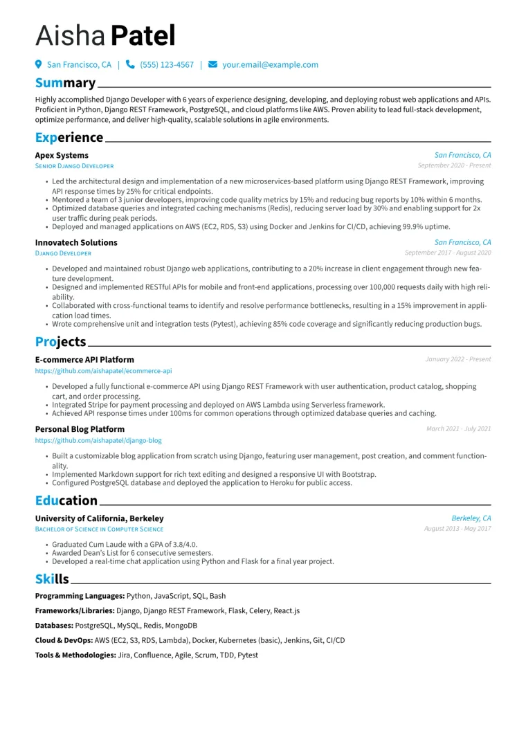 Django Developer Resume Example CV template preview