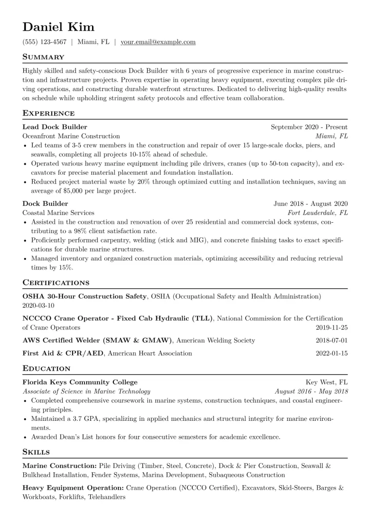 Dock Builder Resume Example CV template preview
