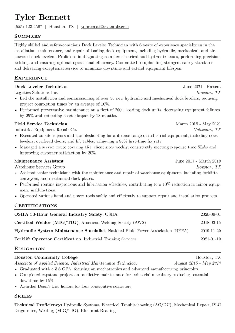 Dock Leveler Technician Resume Example CV template preview