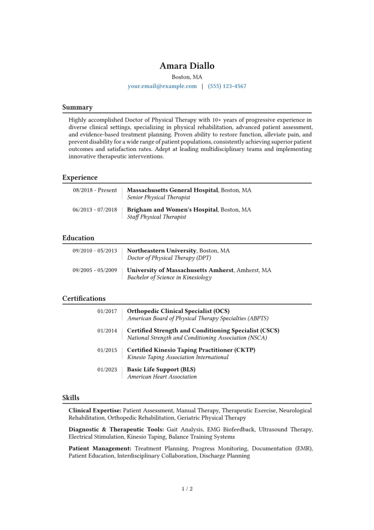 Doctor of Physical Therapy Resume Example CV template preview