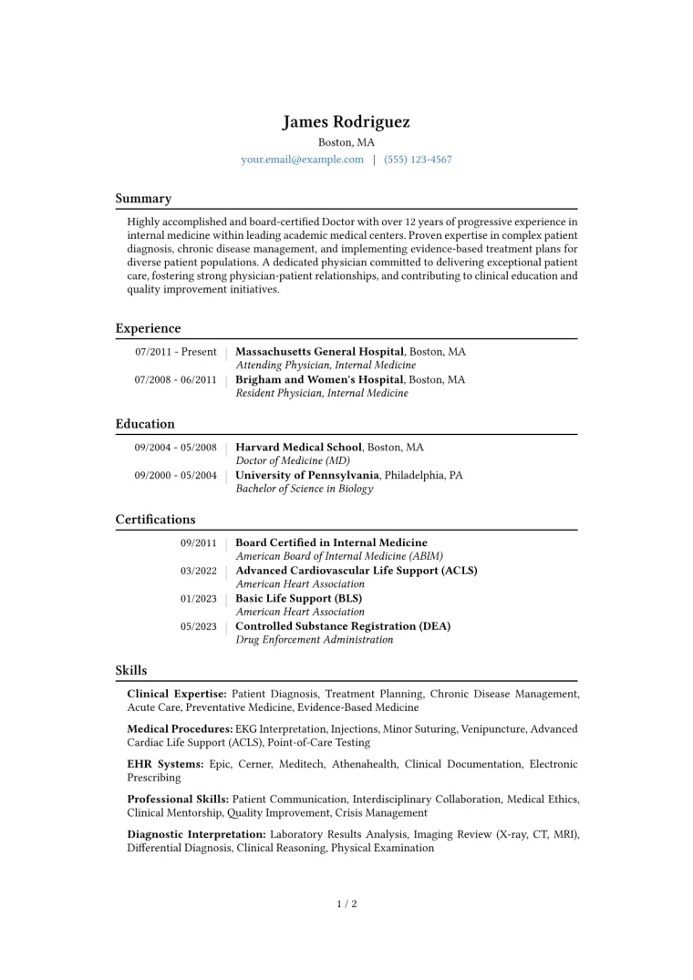 Doctor Resume Example CV template preview