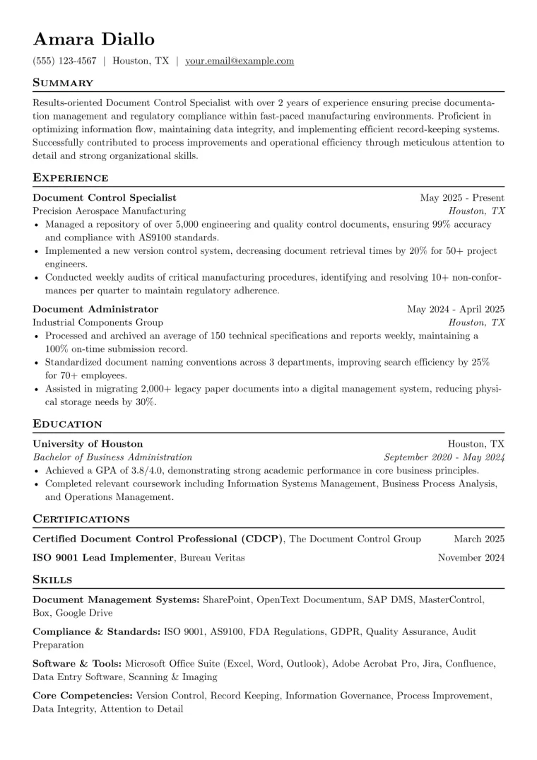 Document Control Specialist Resume Example CV template preview
