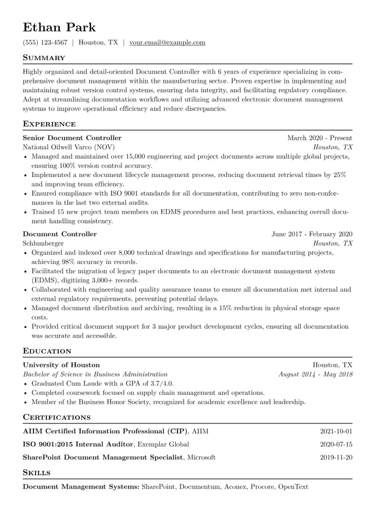 Document Controller Resume Example CV template preview