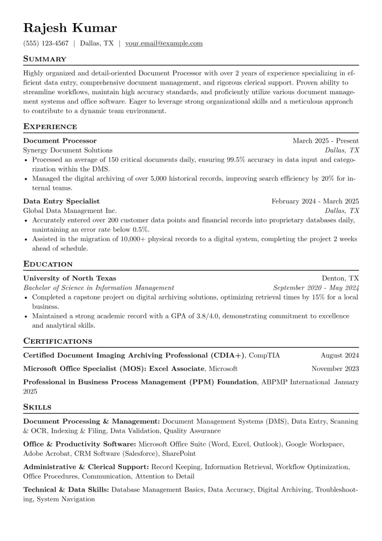 Document Processor Resume Example CV template preview