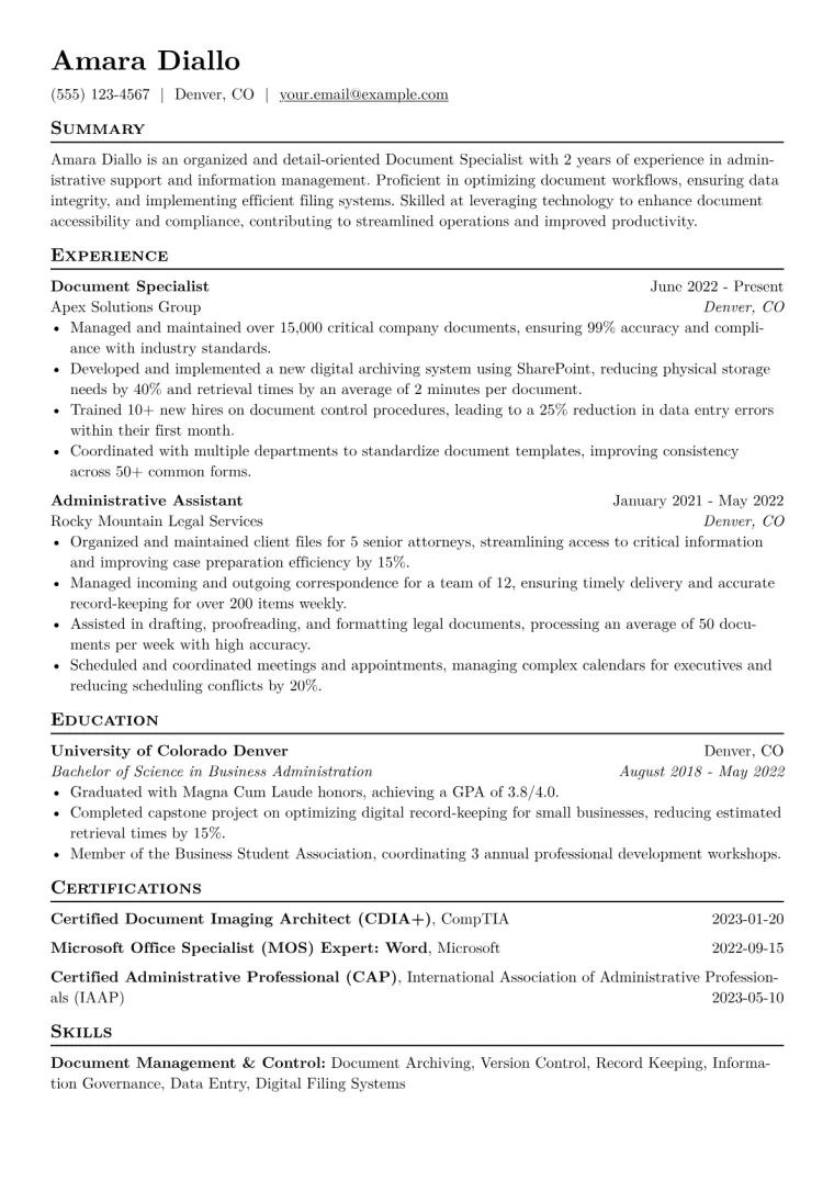 Document Specialist Resume Example CV template preview