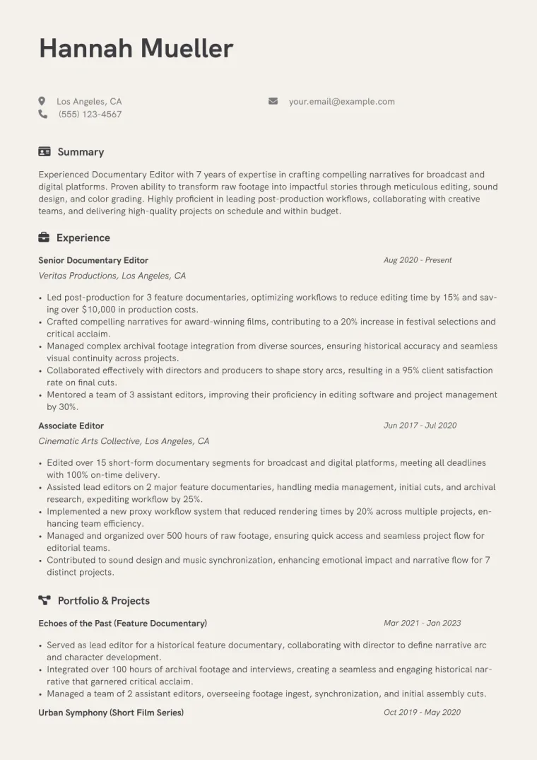 Documentary Editor Resume Example CV template preview