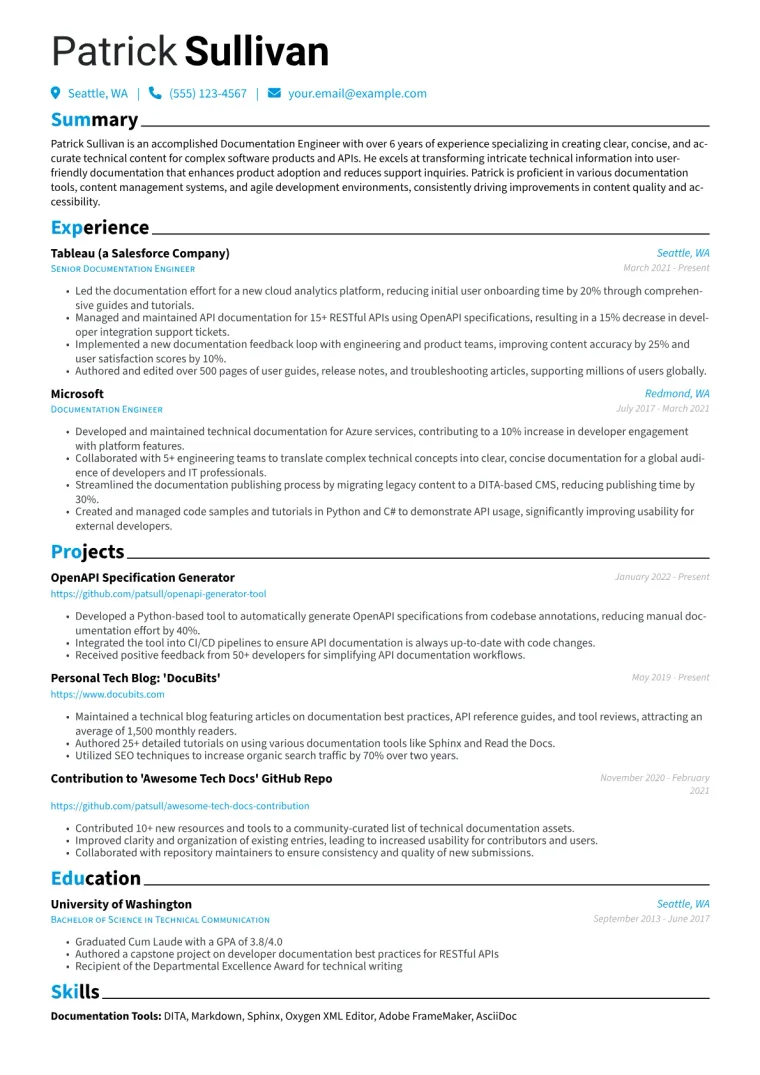 Documentation Engineer Resume Example CV template preview
