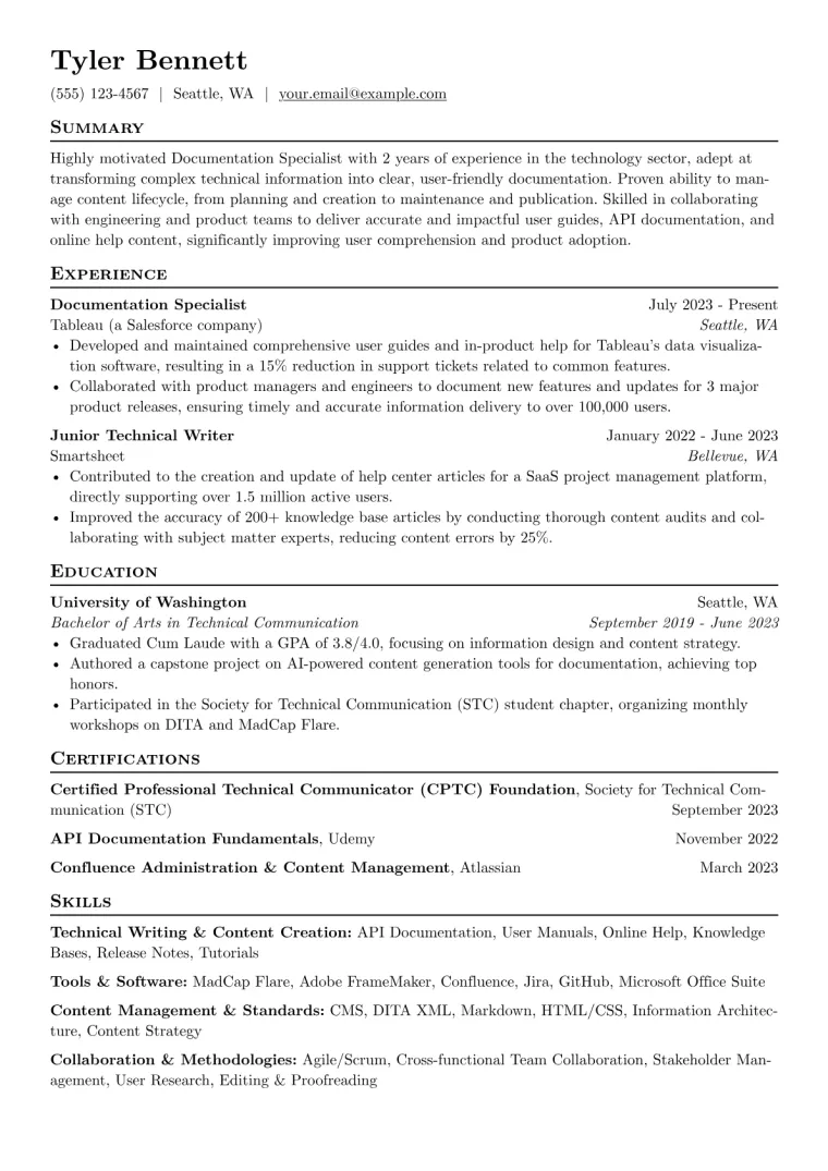Documentation Specialist Resume Example CV template preview