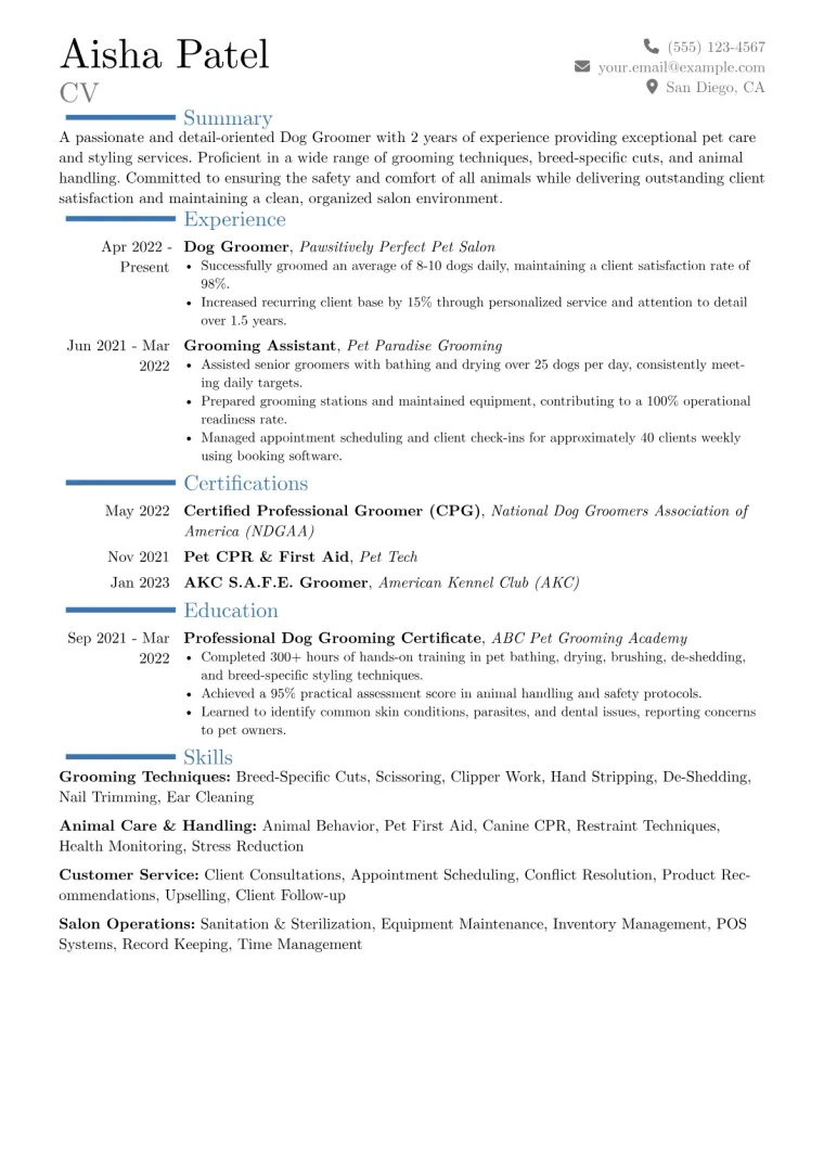 Dog Groomer Resume Example CV template preview