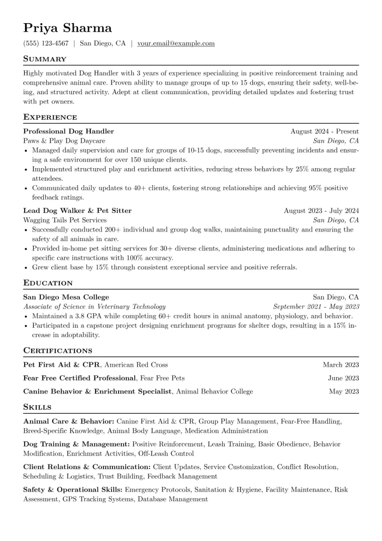 Dog Handler Resume Example CV template preview