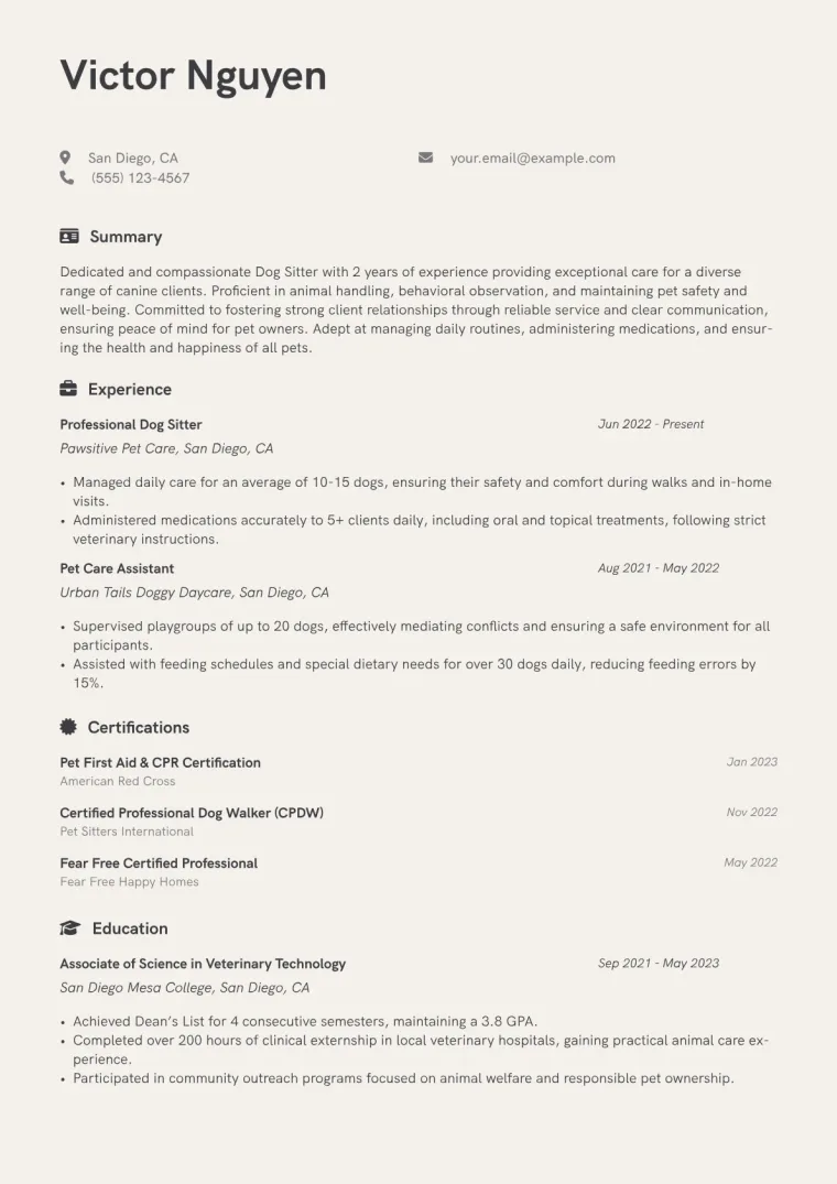 Dog Sitter Resume Example CV template preview