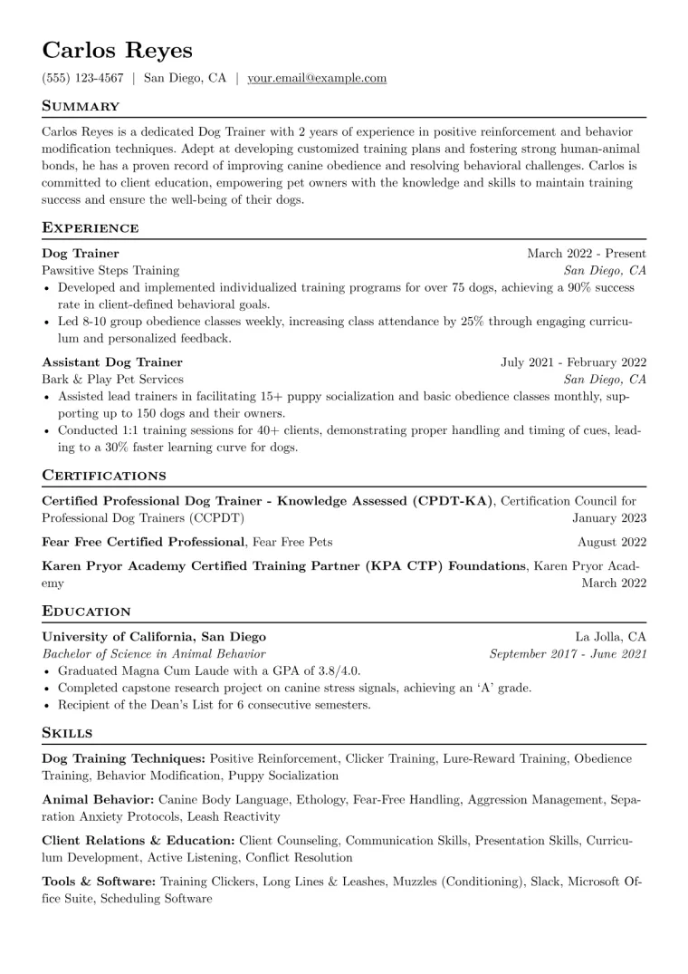 Dog Trainer Resume Example CV template preview