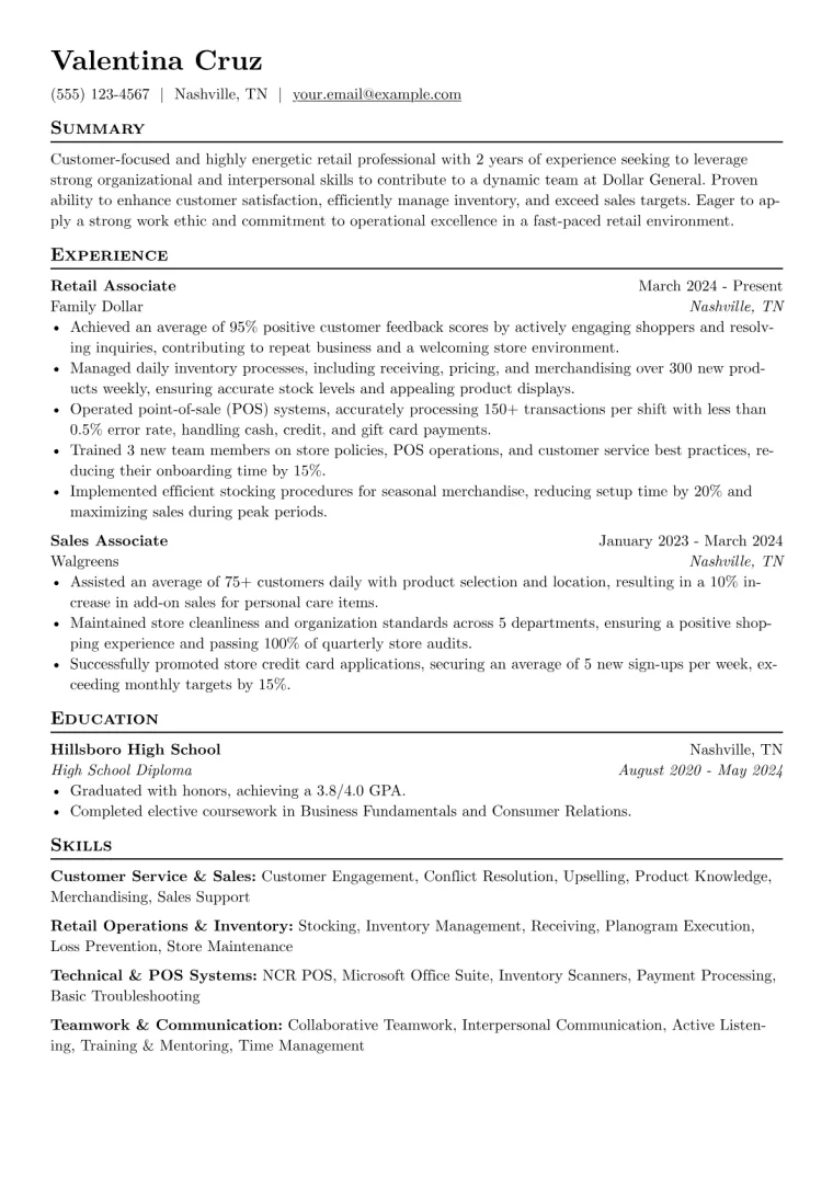Dollar General Resume Example CV template preview