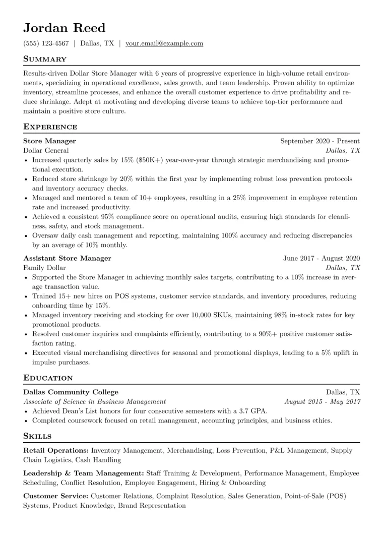 Dollar Store Manager Resume Example CV template preview