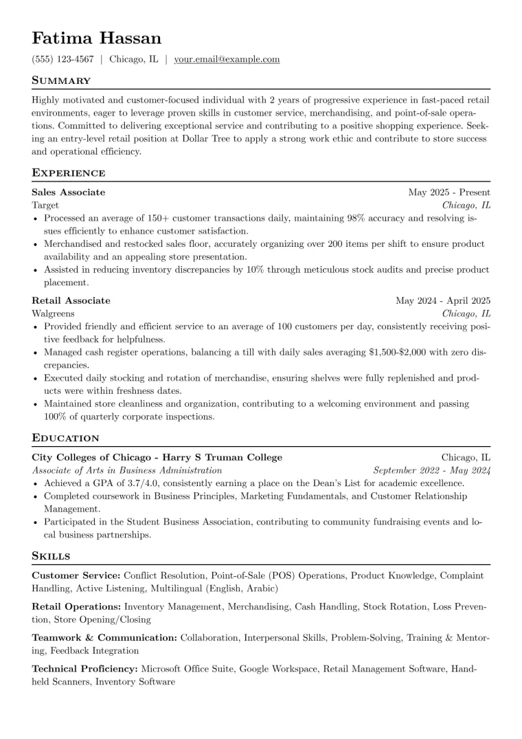 Dollar Tree Resume Example CV template preview