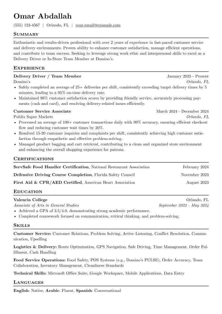 Domino's Resume Example CV template preview