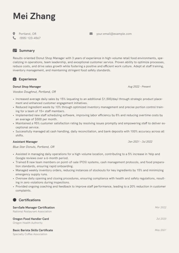 Donut Shop Manager Resume Example CV template preview
