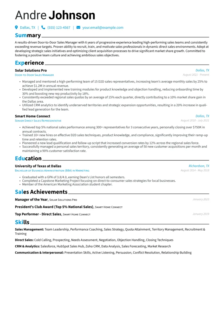 Door-to-Door Sales Manager Resume Example CV template preview
