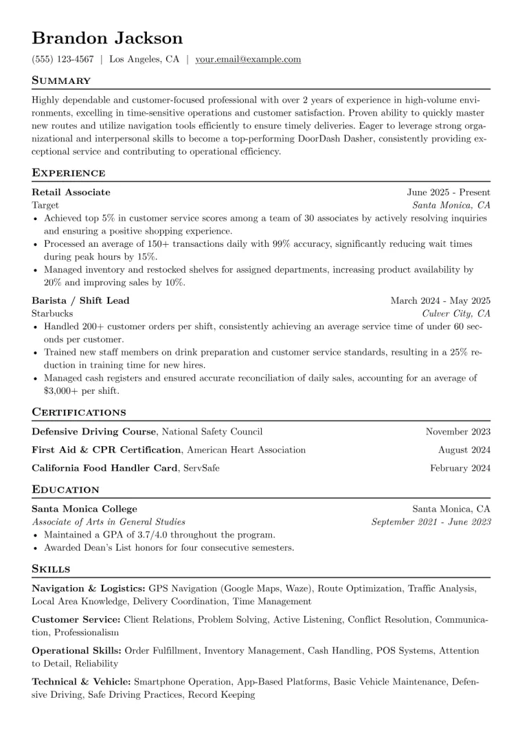 DoorDash Resume Example preview