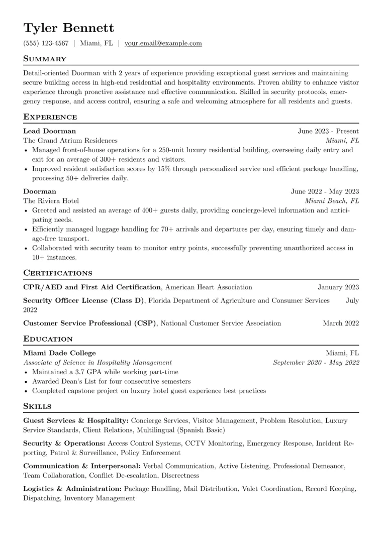 Doorman Resume Example CV template preview